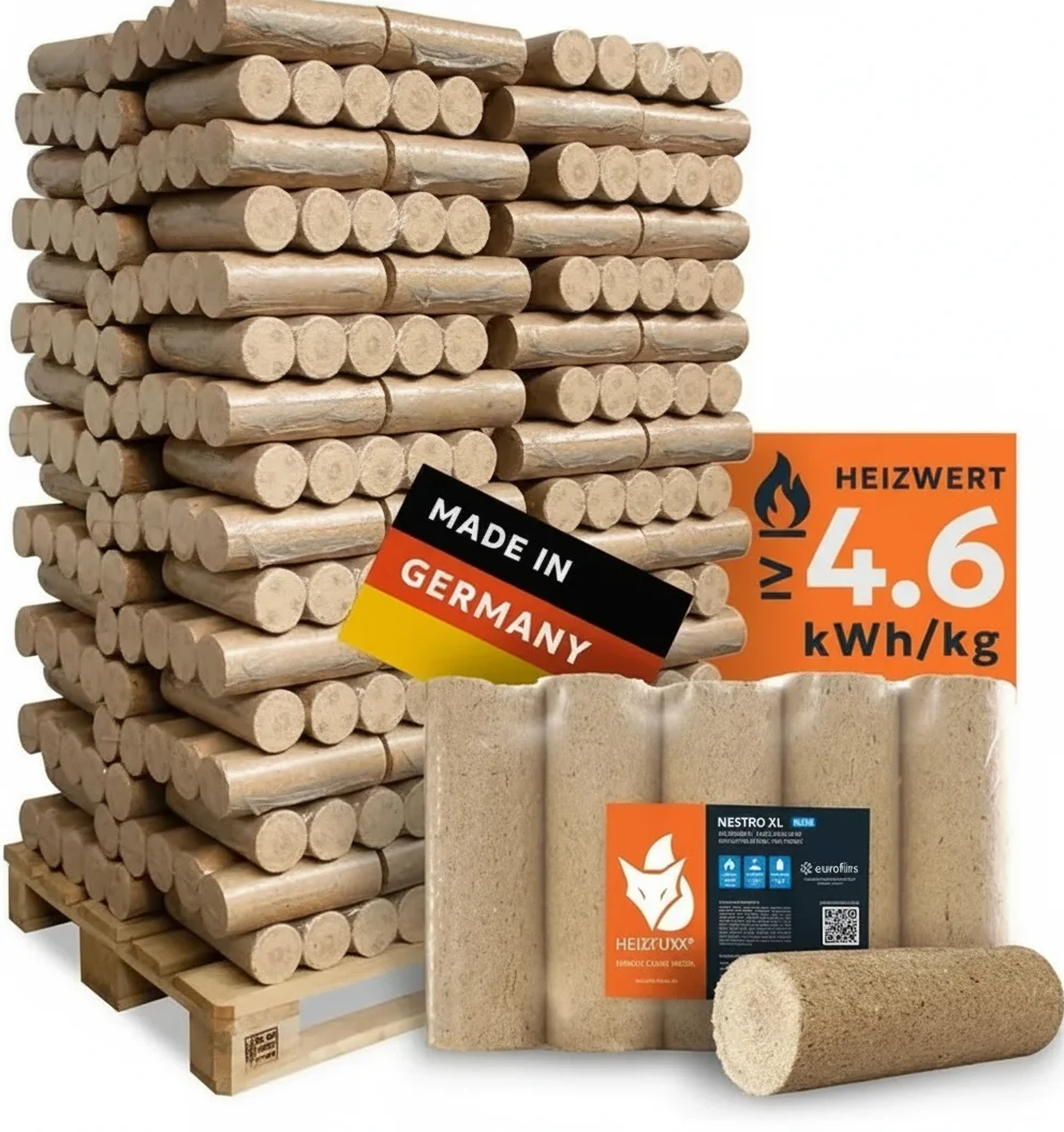 Heizfuxx Nestro XL Blue Holzbriketts 960 kg Palette – Premium Holzbriketts mit langer Brenndauer